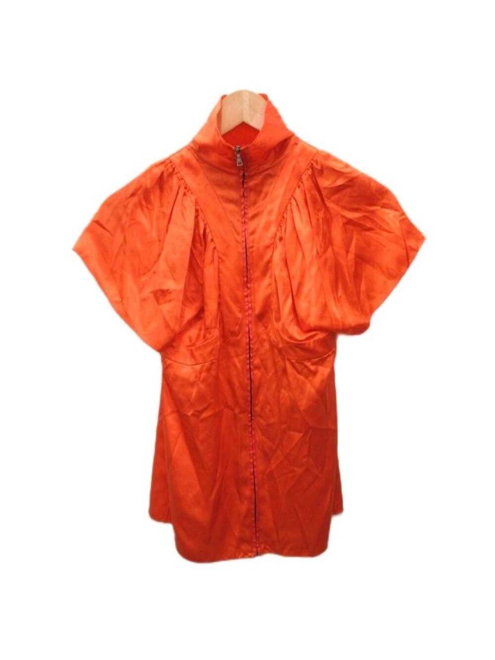 Prada Silk Blouse Short Sleeve Zip Up Fitted Orange 38